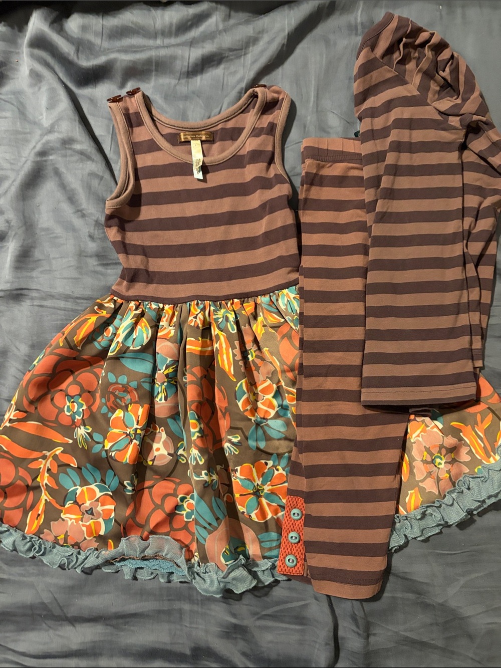 Matilda Jane Brown Striped Tank Dress with Orange Teal Floral Skirt